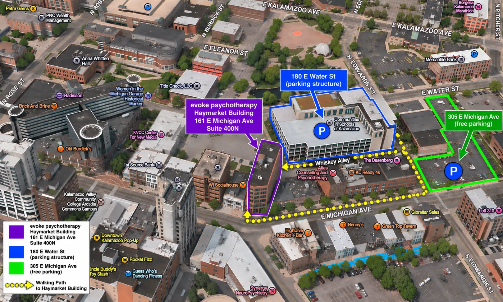 Aerial map of downtown Kalamazoo showing the Haymarket Building, the 180 East Water Street parking structure, and the lot at 305 East Michigan Avenue